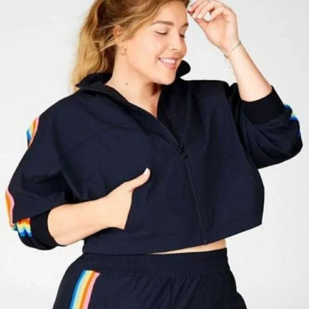XL Fabletics Black "Carol"  Rainbow LGBTQIA Pride Windbreaker Cropped Jacket Y2K